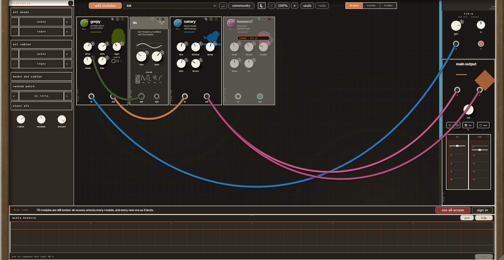 The Tangle rack, signed out: Gorpy, an LFO and Canary patched between the DAW input and the main output, and one locked module.
