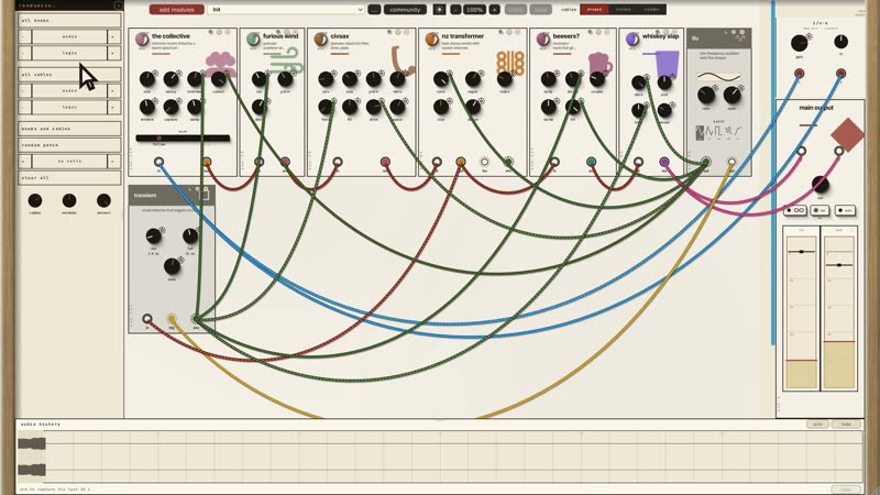 Tangle, the plugin window: a seven-module patch with the randomize shelf on the left and the main output meters and audio history on the right