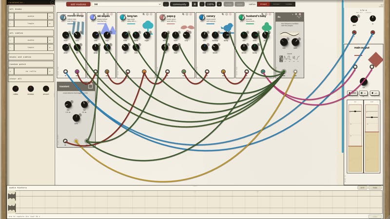 A dense patch across two rows: audio modules on top, cv and logic underneath