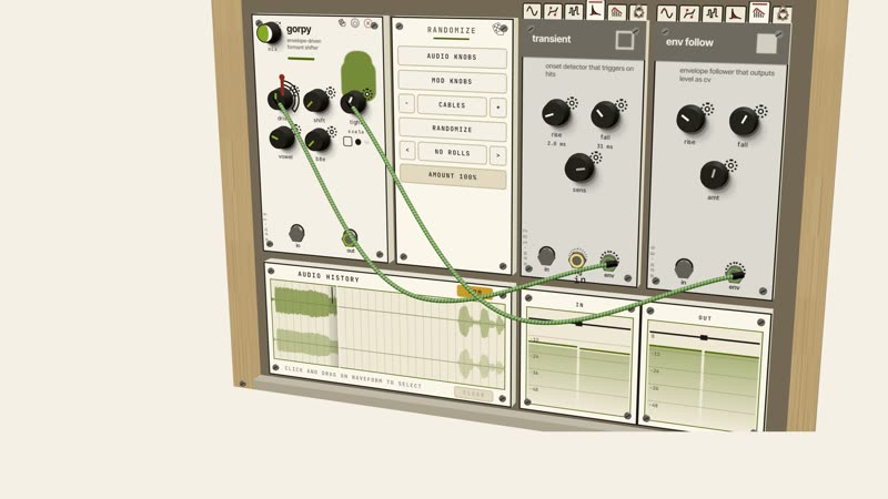A cv tool patched into an audio module's knob: the knob moves on its own